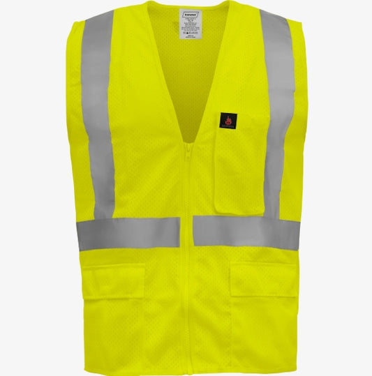 FR Type R Class 2 Hi Vis Reflective Zipper Mesh Safety Vest w/ 5 Pockets