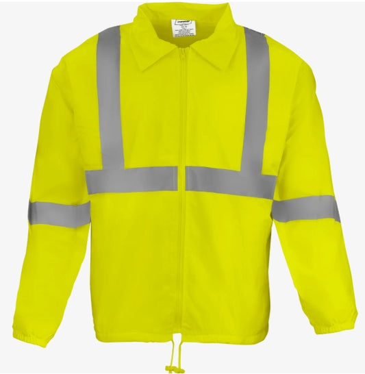 Class 3 Hi Vis Reflective Windbreaker w/ Rayon Liner, Drawstring Waist & 2 Pockets