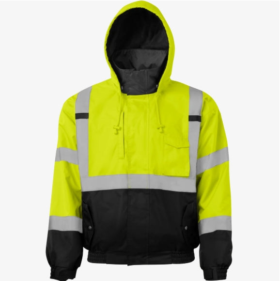 Class 3 Two Tone Hi Vis Drawstring Hooded Bomber Jacket w/ Reflective Tape