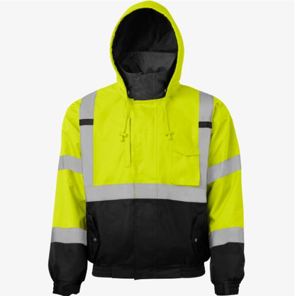 Class 3 Two Tone Hi Vis Drawstring Hooded Bomber Jacket w/ Reflective Tape
