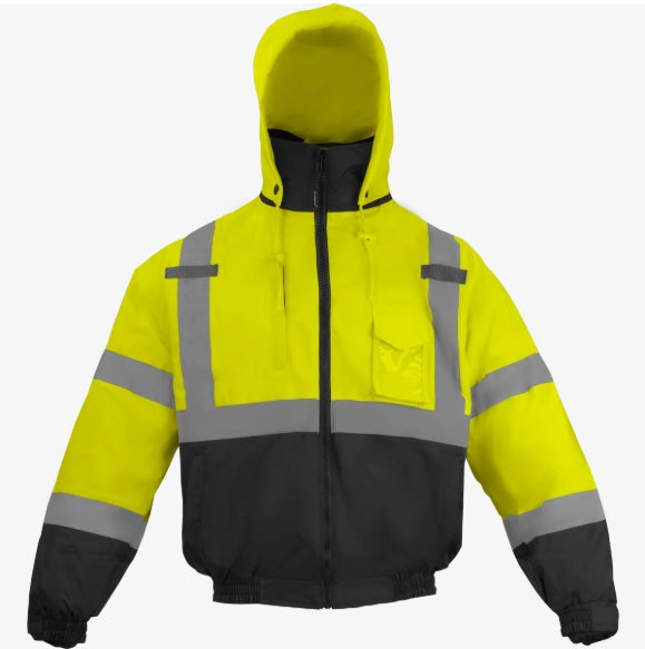 Class 3 Hi Vis Weatherproof Bomber Jacket w/ Heavy Duty Zipper Front & Mic Tabs