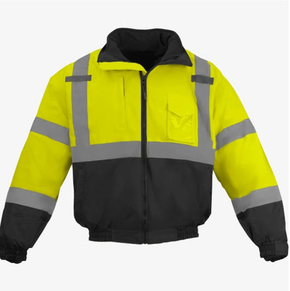 Class 3 Hi Vis Weatherproof Bomber Jacket w/ Heavy Duty Zipper Front & Mic Tabs
