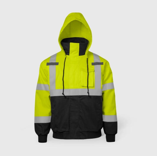 FR Class 3 Hi Vis Bomber Jacket w/ Tuckaway Hood & 4 Pockets