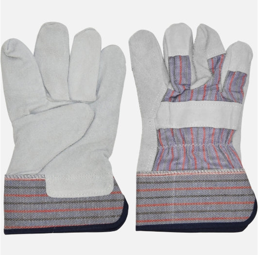 Leather Palm Gloves w/ Cotton Back & Rubberized Safety Cuffs
